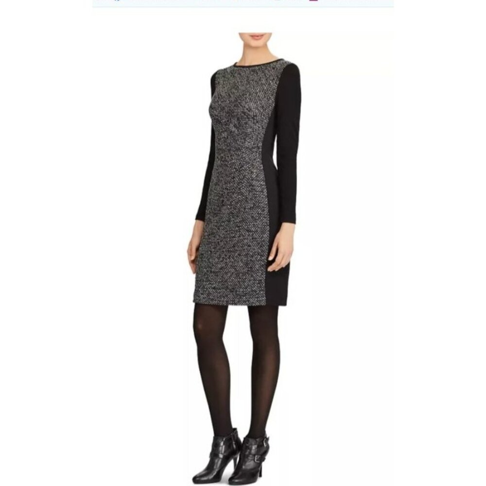 Ralph Lauren Black paneled knit Long Sleeve Sheath Dress Size 14 lined womens